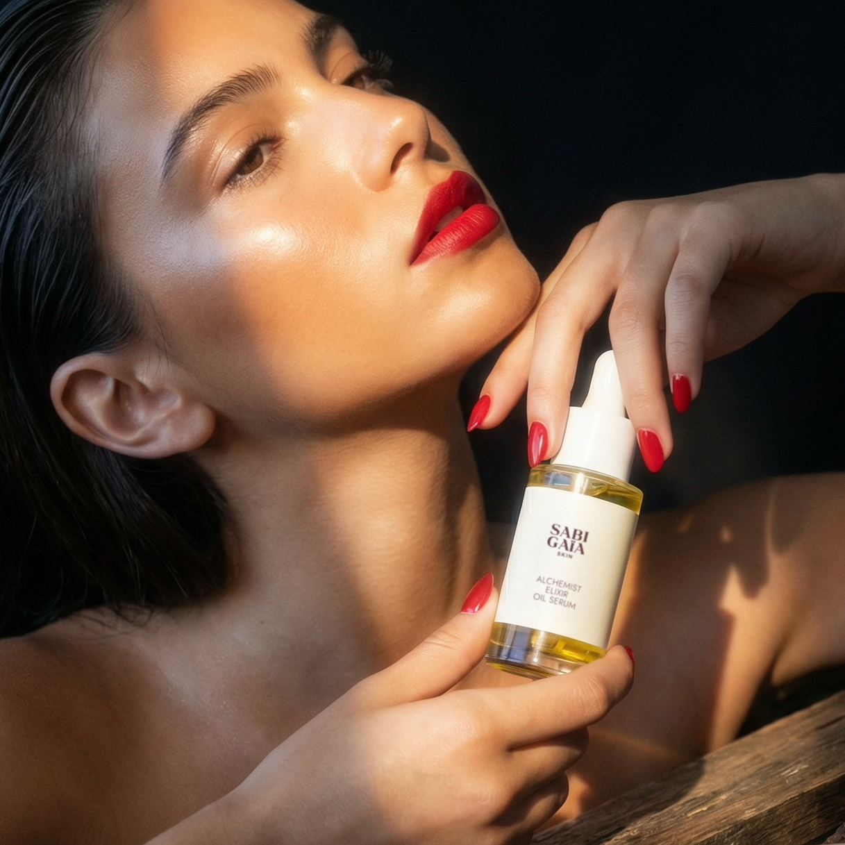 Woman holding a skincare bottle with a dark background
